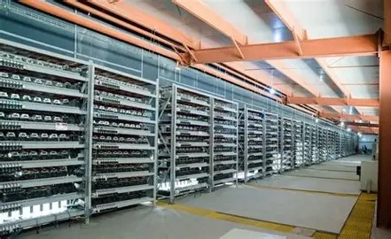 Vast mining farm with rows of mining rigs operating efficiently