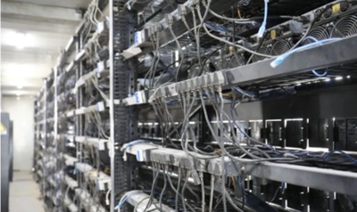 High-tech bitcoin mining rig displayed prominently